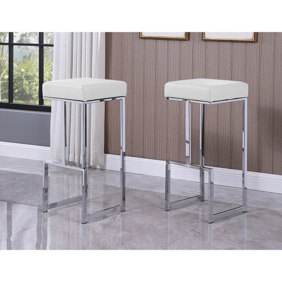 Bar Stool Set of 2, White Faux Leather Backless Counter Stools with Chrome Pedestal Base, Padded Foam Seat, 31" Height Modern Contemporary Seating for Kitchen and Dining Room