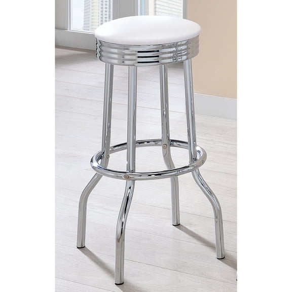 Bar Stool, Set of 2, White Upholstered Leatherette Swivel Seats with Chrome Metal Frame and Footrests, Retro Mid-Century Diner Style for Kitchen Counters and Pub Tables, 30" H
