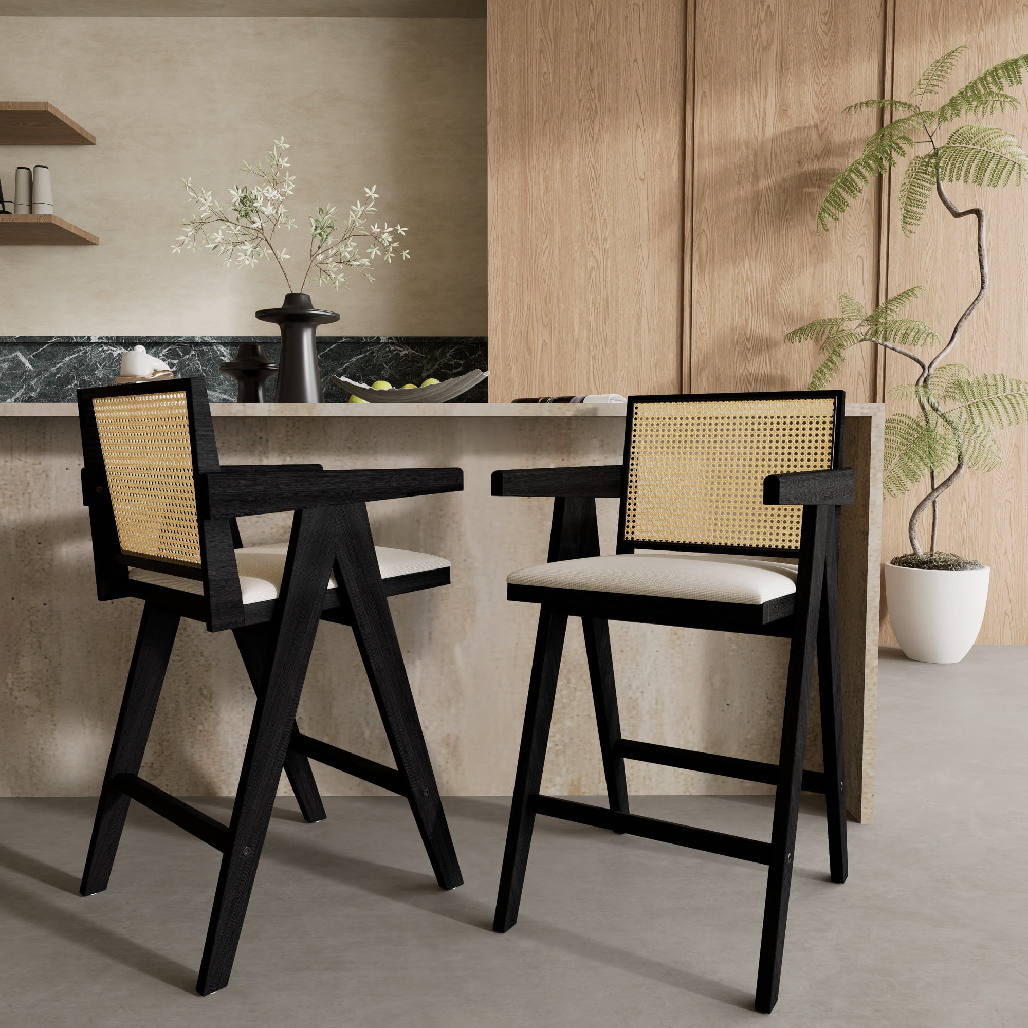 Bar Stool Set of 2 with Woven Cane Plastic Backrest and Foam-Padded Fabric Seat, 27-Inch Rubberwood Frame for Kitchen Island and Home Bar, Cream Grey and Natural