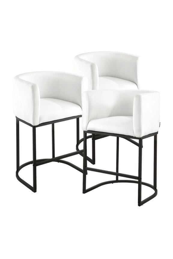 Bar Stool Set of 3, 25 inch Counter Height Stools, Kitchen Barstools with Back & Arms, White Fabric, Metal Frame, Footrest, Island Chairs for Dining Room