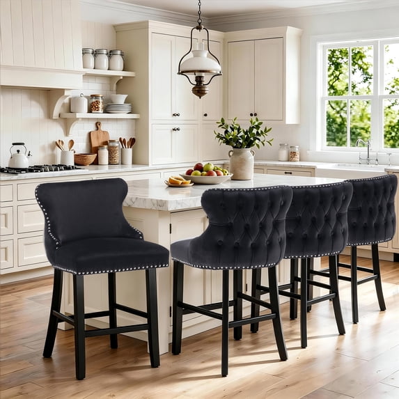 Bar Stool Set of 4, 26" Counter Height Bar Stools with Back, LEGAHOME Velvet Upholstered Black Bar Stool with Button Tufted & Wooden Legs, Bar Stools Chair for 35-39" Kitchen Island Counter