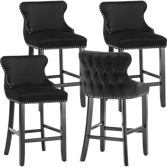 Bar Stool Set of 4, Legahome Counter Height Bar Stool with Back, Velvet Upholstered Dining Chair Set of 4 with Button Tufted & Wooden Legs, Kitchen Island Counter Height Chair with Footrest, Black