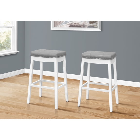 Bar Stool, Set Of 2, Bar Height, Saddle Seat, White Wood, Grey Leather Look, Transitional