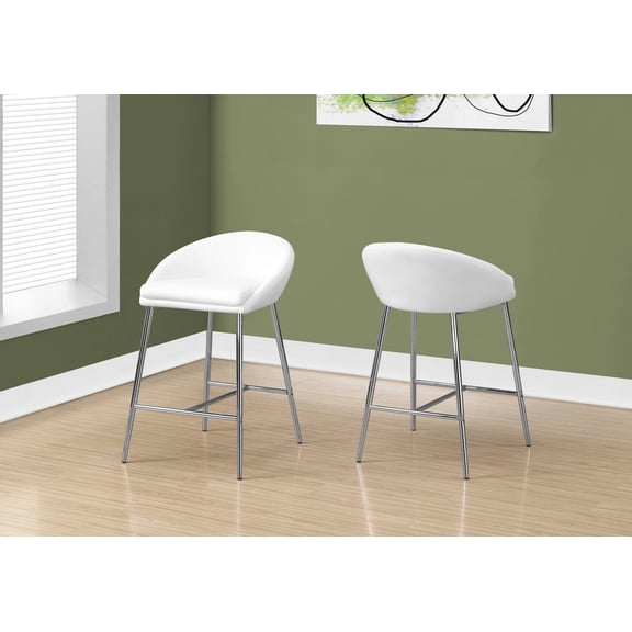 Bar Stool, Set Of 2, Counter Height, Kitchen, Chrome Metal, White Leather Look, Contemporary, Modern