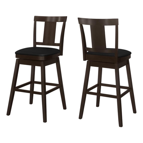 Bar Stool, Set Of 2, Swivel, Bar Height, Wood, Pu Leather Look, Brown, Black, Transitional