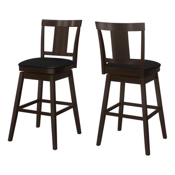 Bar Stool, Set Of 2, Swivel, Bar Height, Wood, Pu Leather Look, Brown, Black, Transitional