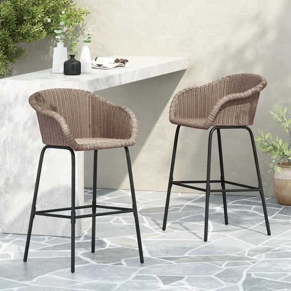 Bar Stool Set, Outdoor Metal Wicker Barstools with PE Rattan Weave and Black Iron Frame, 400lb Weight Capacity for Patio and Bar, Set of 2, Light Brown Wicker