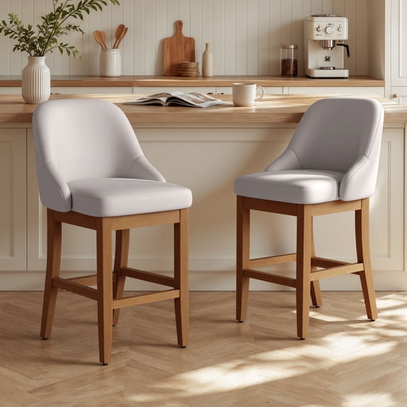 Bar Stool Set of 2, 26" Upholstered Counter Height Stools with Back, Solid Wood Legs, Faux Leather Bar Chairs for Kitchen Island