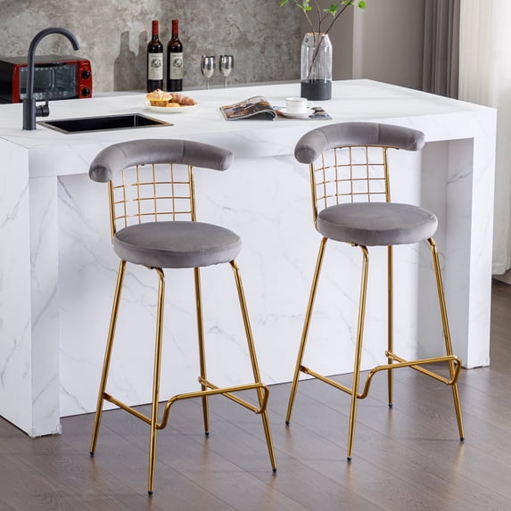 Bar Stool Set of 2, Velvet High Bar Stool with Metal Legs and Soft Back, Pub Stool Chairs with Plush Cushion and Stable Pedal for Bar, Kitchen