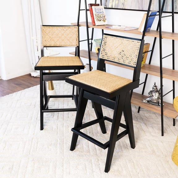 Bar Stool (pair) - Mid-century Glamour, Leather Seat, Black & Solid Wood, 17.8 In. D, 17.57 W, 37.92 H, 26.14 Lb 2 Stools Allure, Soft ,