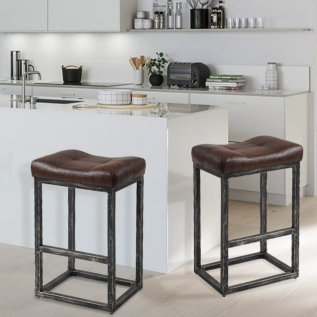 Bar Stool with Metal Legs Footrest, Solid Wood Print Style and Faux