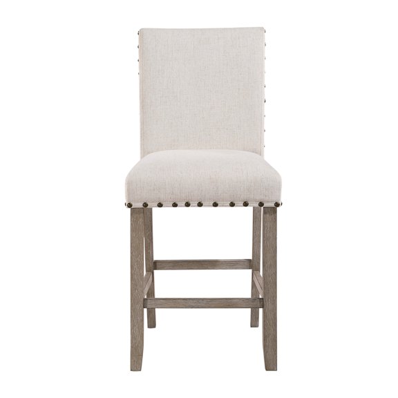 Bar Stools Of 2, Fabric Main Material, White Color With Nailhead Trim, 39.45 In Tall, 18.06 Wide, 21.23 Deep For Dining Area Casual Kit Gray Color, Wipe Clean,
