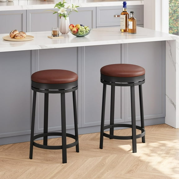 Bar Stools, 24" Modern Swivel Barstools with Footrest, Backless Round Counter Height Bar Stools with Pu Leather Upholstered, for Dining Room, Home Bar