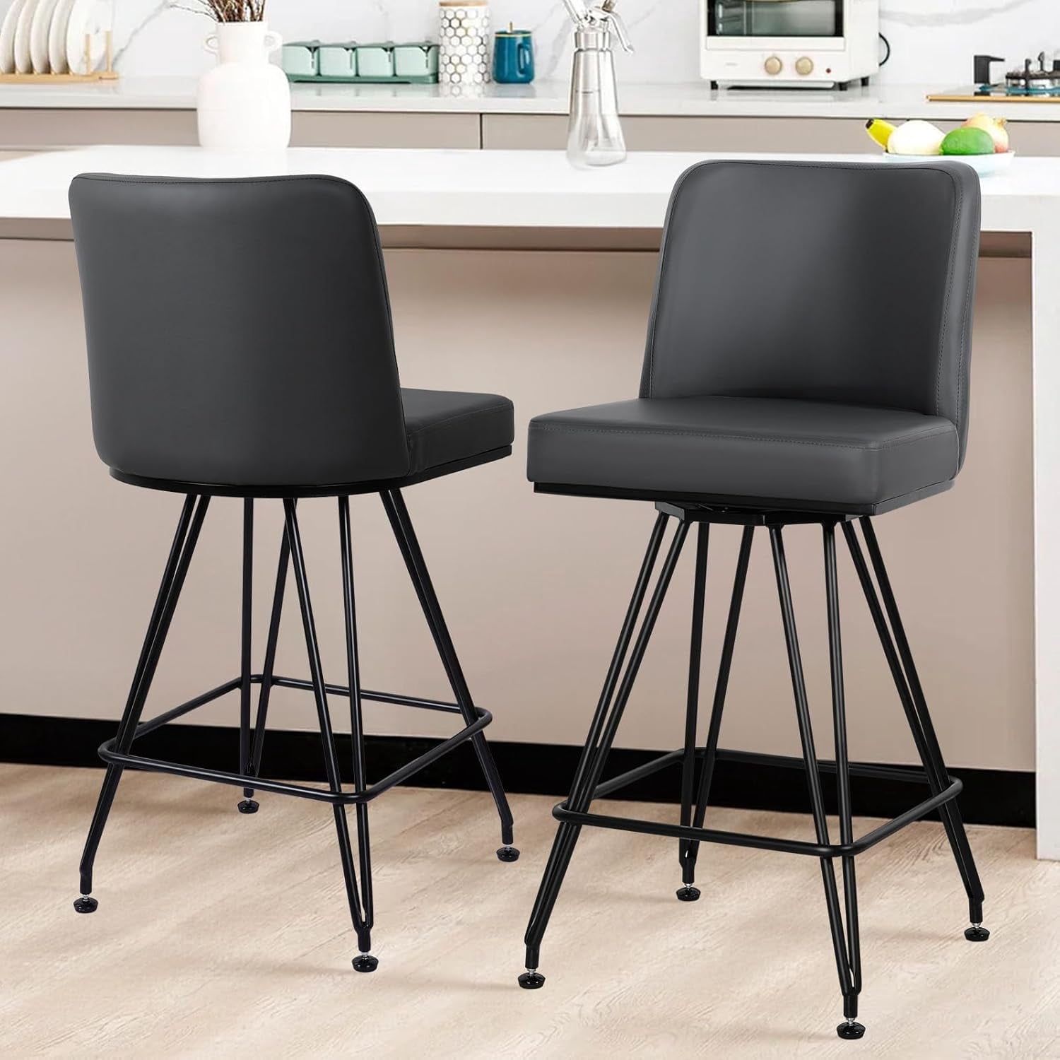 Bar Stools 26" Swivel Counter Height Bar Stools with Back Faux Leather ...