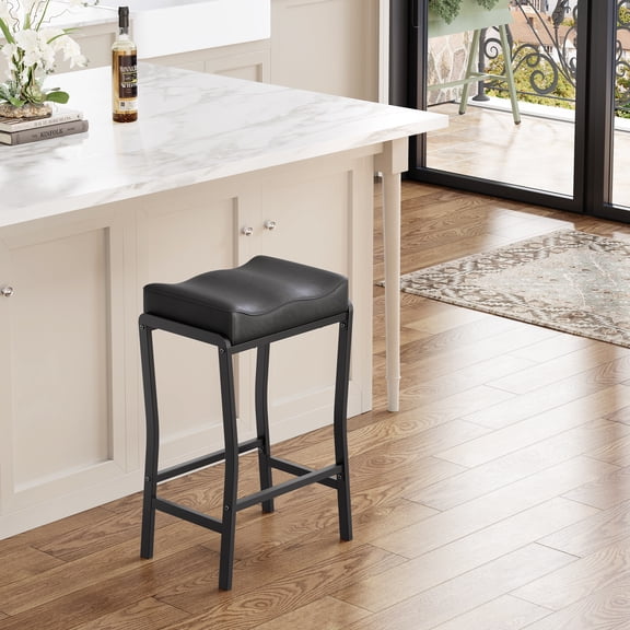 Bar Stools, 26 Inch Counter Height Bar Stools, Modern Saddle Bar Stools with Thick Faux Leather Seat, Metal Frame & Footrest, Kitchen Island Stools for Dining Room Pub Café, Black