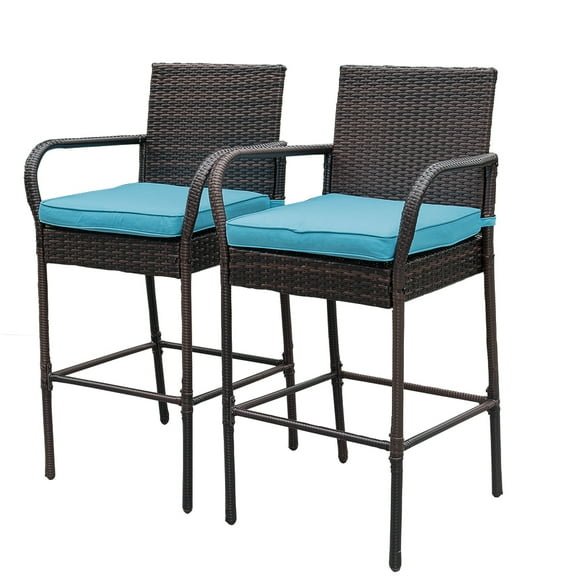 Bar Stools 30'' Bar Height Outdoor Modern Seat with Blue Cushions, Set of 2 Chairs, Brown Wicker