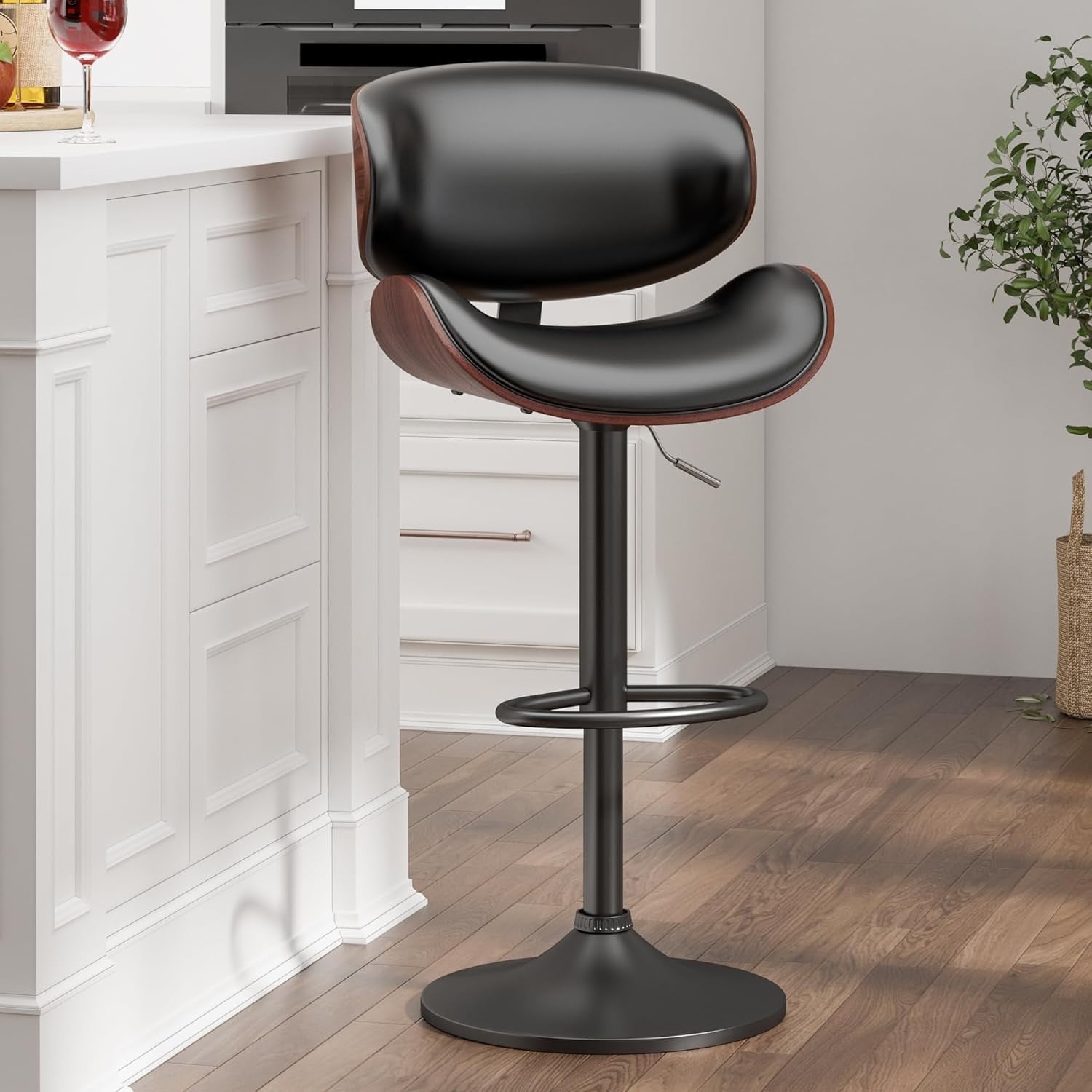 Adjustable Swivel Barstools with Back, Black PU Leather, Mid-Century ...