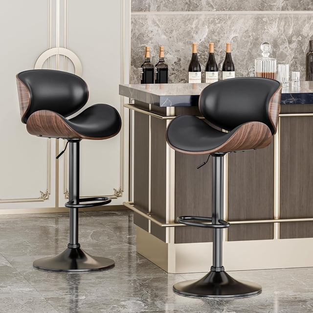 Adjustable Swivel Barstools, Set of 2, Mid-Century PU Leather, Counter ...