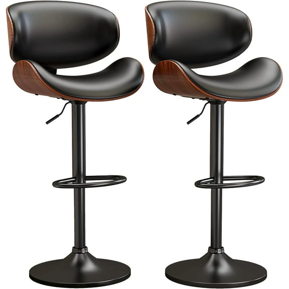 Bar Stools Adjustable Swivel Barstools Counter Stools with Back Sets of 2, Mid-Century Modern PU Leather Upholstered Counter Height Barstools, Kitchen Island Bar Chairs, Black