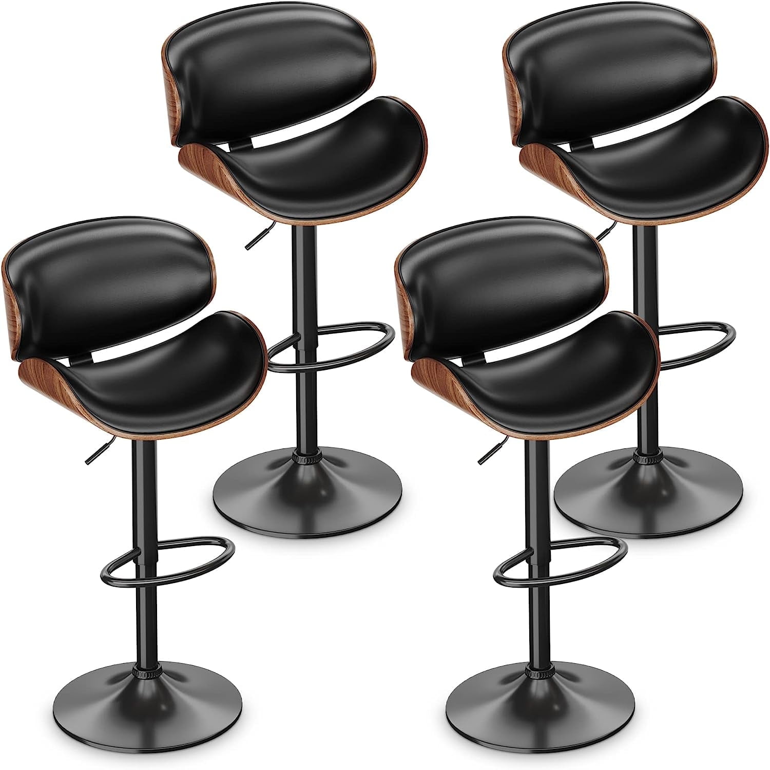 Set of 4, Adjustable Swivel Barstools with Back, PU Leather Upholstered ...