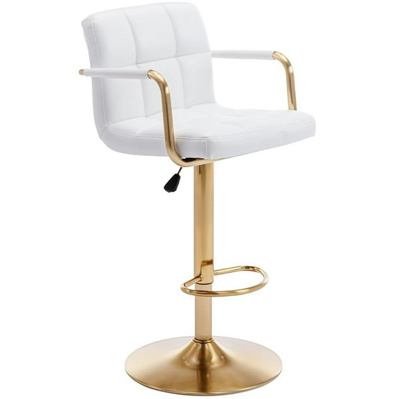Bar Stools with Back, Adjustable Swivel Leather Barstools with Arms, Pneumatic Lift Counter Height Stools for Kitchen Island, Bistro, Pub, White & Gold