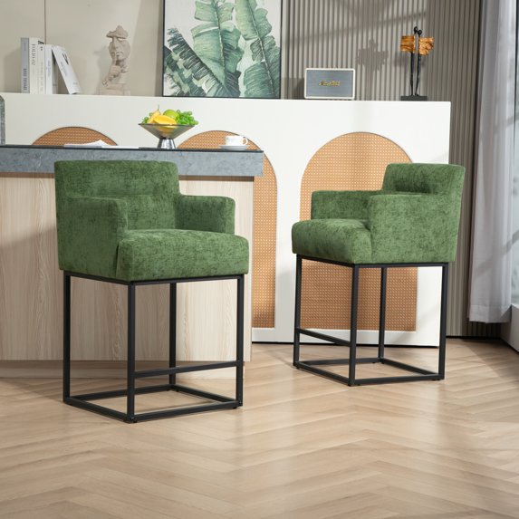Bar Stools with Back Sets of 2, 26 Inch Chenille Counter Height Barstools with Arms, Black Metal Frames, Modern Upholstered Bar Stools for Kitchen Island, Pub, Club, Green