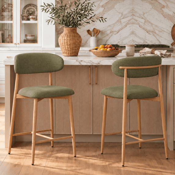 Bar Stools with Back Sets of 2, LEGAHOME 26"Counter Height Bar Stool, Modern Farmhouse Upholstered Bar Stool Chairs Set of 2 with Curved Back & Wood-Grain Metal Legs for 34"-39" Kitchen Island, Green