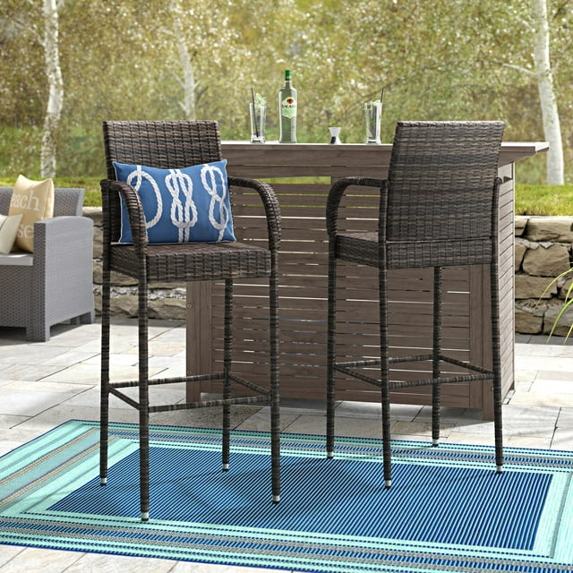 Outdoor Brown Wicker Barstool, UHOMEPRO Outdoor Patio Furniture Bar Stool Set of 2, Rattan Bar Chairs with Iron Frame, Armrest, Footrest, Counter Height Chairs for Garden Pool Lawn Backyard, W2114