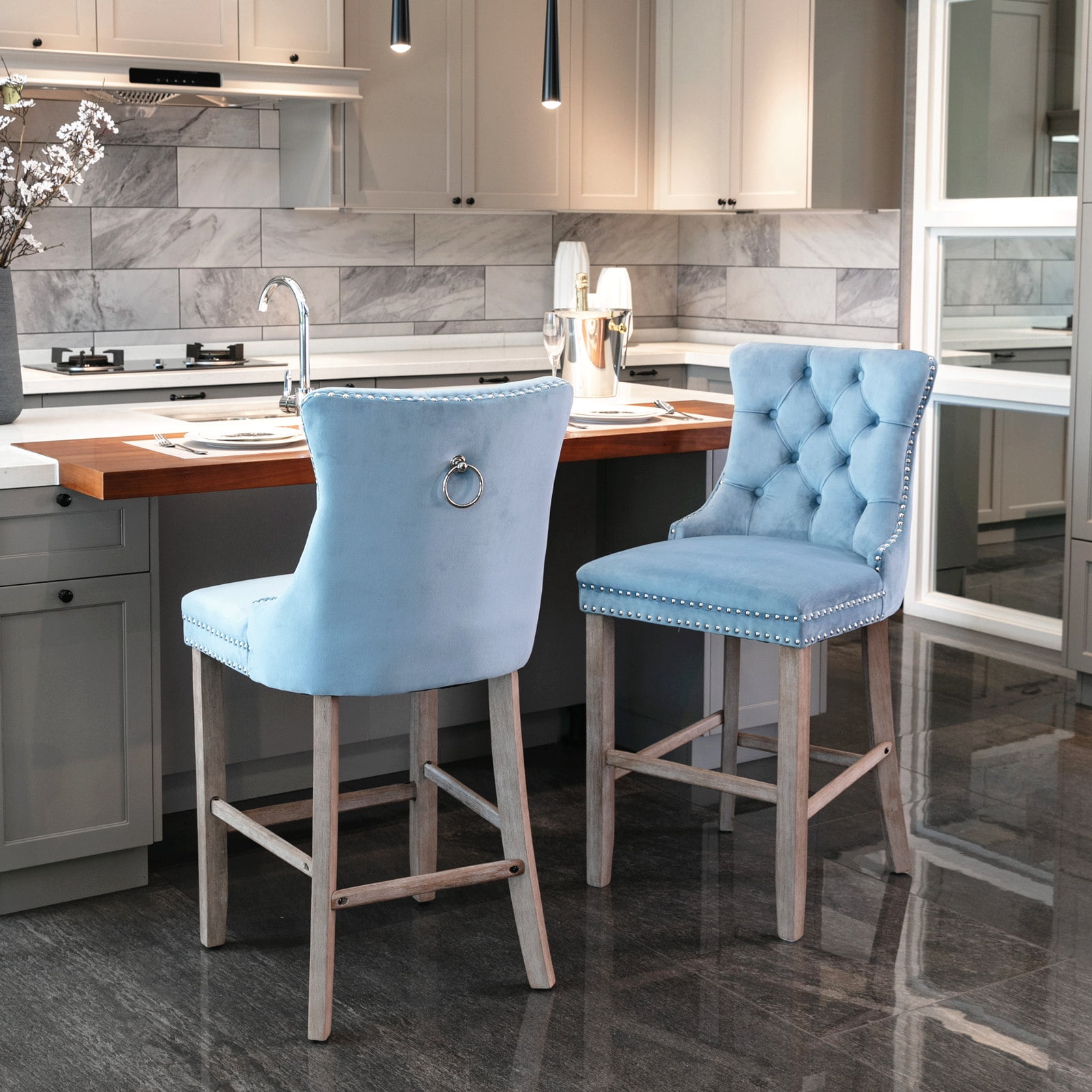 Bar Stools with Back Sets of 2, Velvet Upholstered Counter Height ...