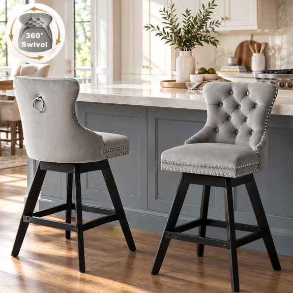 Bar Stools With Back Sets of 2, LEGAHOME Farmhouse Gray Swivel Bar Stools for 34–38" Kitchen Island, 26" Velvet Barstools Counter Stools for Breakfast, 2 PCS