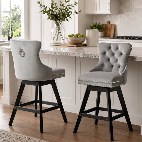 Bar Stools With Back Sets of 2, LEGAHOME Farmhouse Gray Swivel Bar Stools for 34–38" Kitchen Island, 26" Velvet Barstools Counter Stools for Breakfast, 2 PCS