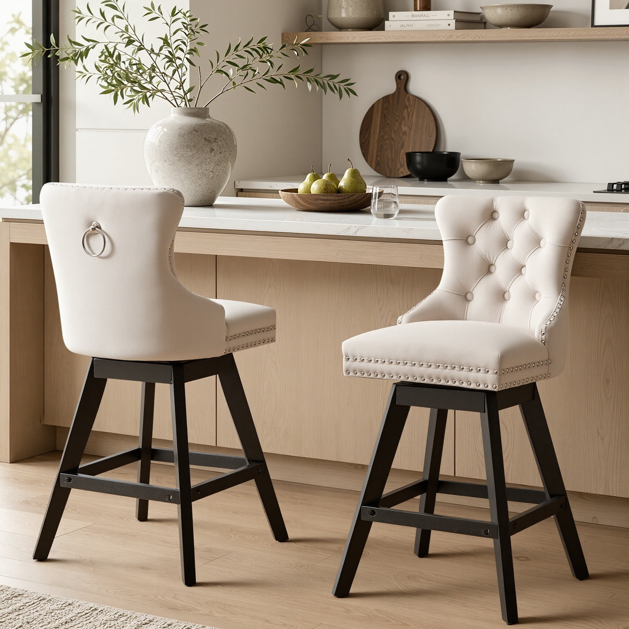 Swivel Counter Height Bar Stools Set of 2, LEGAHOME Farmhouse Velvet Bar Stools with Back for 34–38" Kitchen Island, Armless Wooden Bar Chairs for Home Bar, Beige (Set of 2)