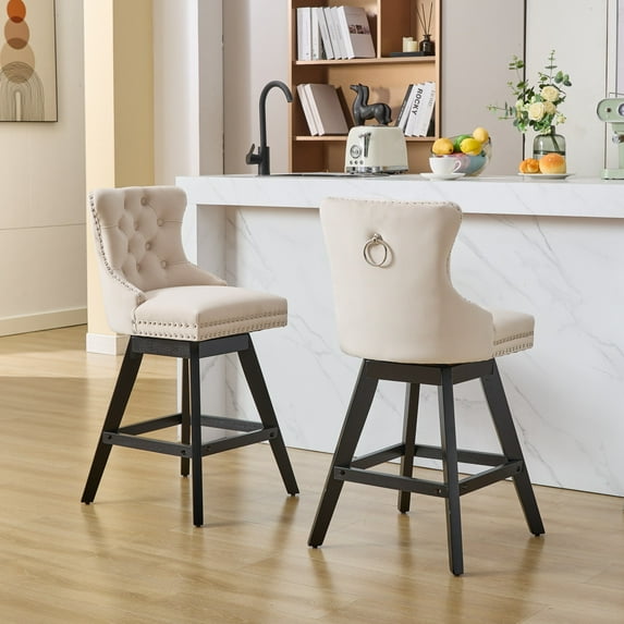 LegaHome Swivel Bar Stools Set of 2, Counter Height Bar Stool with Back and Button Tufted Decoration, Velvet Upholstered Bar Chair with Solid Wood Legs and Chrome Nailhead Trim, Beige