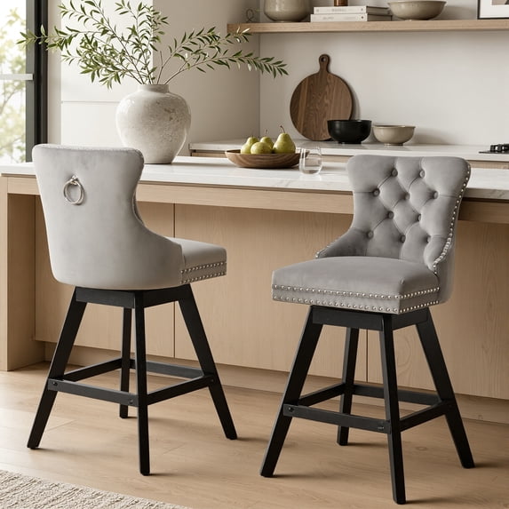 Swivel Counter Height Bar Stools Set of 2, LEGAHOME Farmhouse Velvet Bar Stools with Back for 34–38" Kitchen Island, Armless Wooden Bar Chairs for Home Bar, Gray (Set of 2)