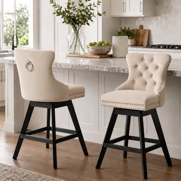 Swivel Counter Height Bar Stools Set of 2, LEGAHOME Farmhouse Velvet Bar Stools with Back for 34–38" Kitchen Island, Armless Wooden Bar Chairs for Home Bar, Beige (Set of 2)