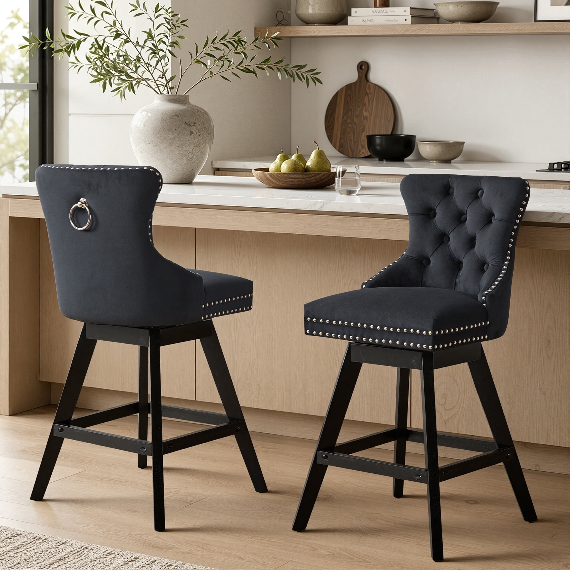 Swivel Counter Height Bar Stools Set of 2, LEGAHOME Farmhouse Velvet Bar Stools with Back for 34–38" Kitchen Island, Armless Wooden Bar Chairs for Home Bar, Black (Set of 2)