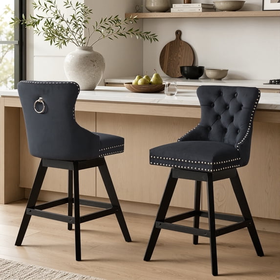 Swivel Counter Height Bar Stools Set of 2, LEGAHOME Farmhouse Velvet Bar Stools with Back for 34–38" Kitchen Island, Armless Wooden Bar Chairs for Home Bar, Black (Set of 2)