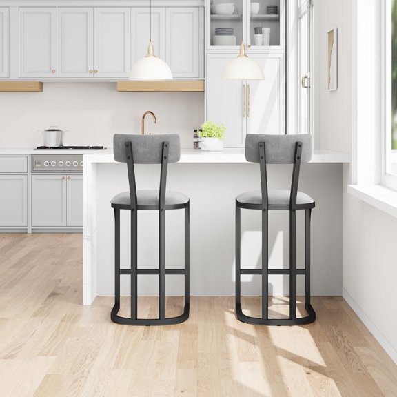 Bar Stools with Backrest – Set of 2, Modern Grey Soft Upholstered, Metal Frame and Footrest – 26.4 Inch Counter Height Kitchen Island Chairs for Home or Breakfast Bar