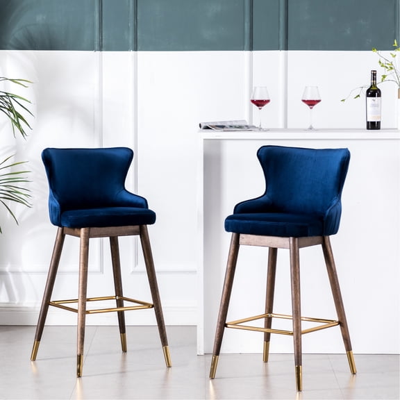 Bar Stools In Blue ( Of 2) - Wingback Design, Dense Foam Padding, Velvet-like Fabric, Mid-century Style, Solid Rubberwood Legs, Walnut Finish, 40.2"h Fabric Upholstered Thick Tapered Finish