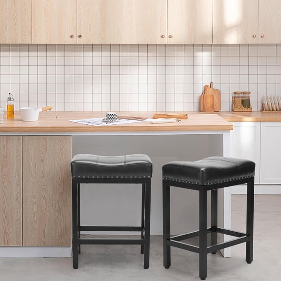 TINKLE WELL Bar Stools Counter Height - 24 Inch Saddle Stools, PU Leather Modern Kitchen Barstools with Metal Base Footrest,Black,Set of 4