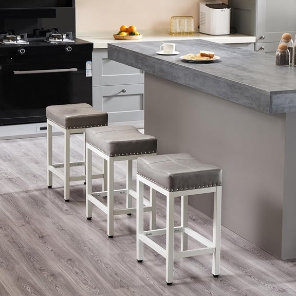 TINKLE WELL Bar Stools Counter Height - 24 Inch Saddle Stools, PU Leather Modern Kitchen Barstools with Metal Base Footrest,Grey,Set of 2