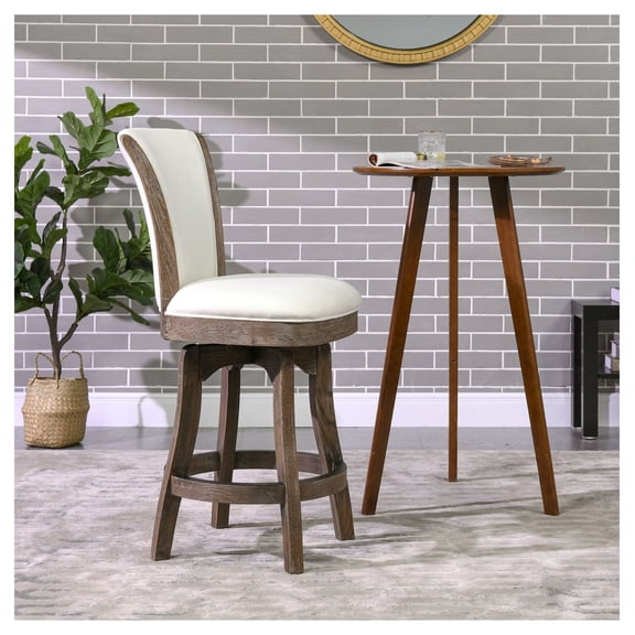 Bar Stools Counter Height 27 inch, Armless Swivel Stool - Natural White Linen Finish - 360 Swivel, Solid Hardwood Frame, Footrest, Kitchen Island & Bar Seating