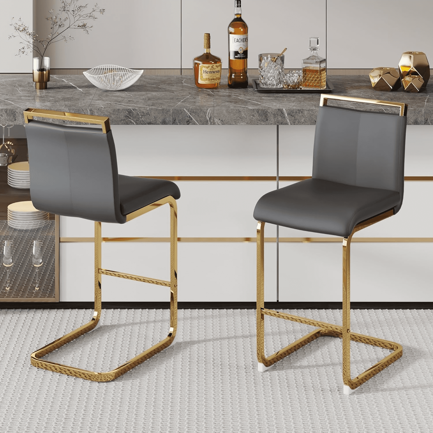 Bar Stools Counter Height Bar Stools with Backs Grey PU Kitchen Chairs