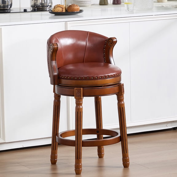 Bar Stools Counter Height Bar Stool-Rubber Wood Swivel Barstools with Back & Footrest -Genuine Leather Upholstered Bar Chair for Bar, Kitchen, Dining Room 1pc