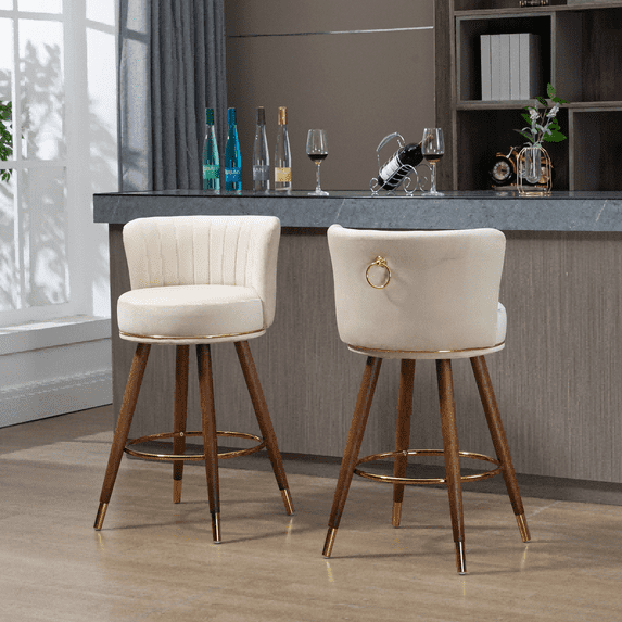 Bar Stools, Counter Height Barstools, Modern Upholstered Bar Stools with Back and Wide Cushion Bar Chairs, 28 Inch Kitchen Island Bar Chair, Solid Wood Legs for Kitchen(Ivory,Set of 2)