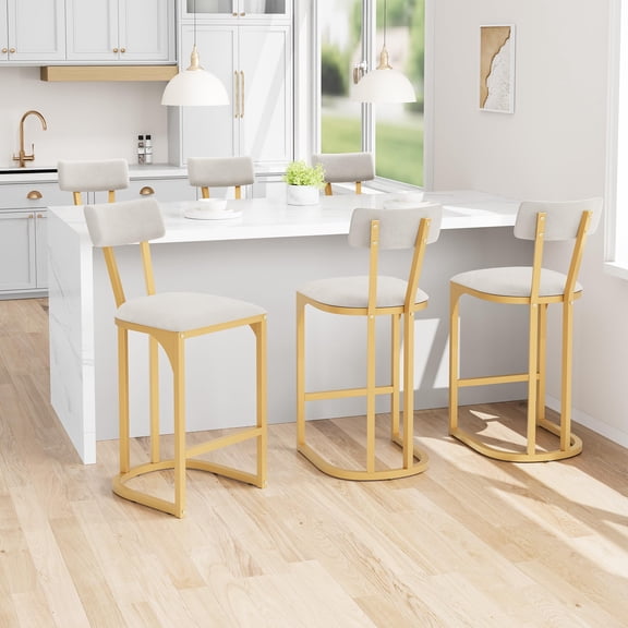 Bar Stools, Counter Height Stools Set of 6 Upholstered Metal Gold - Backrest, Tall for Kitchen Island Home Bar