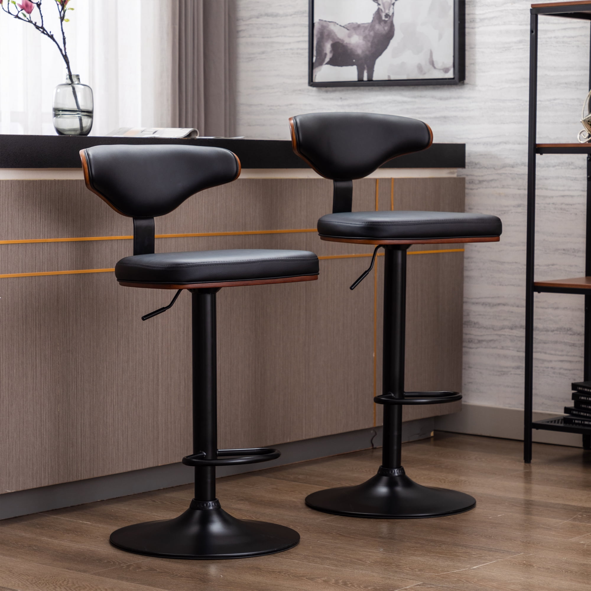 Bar Stools with Full Back Sets of 2, Modern Square PU Leather Bar