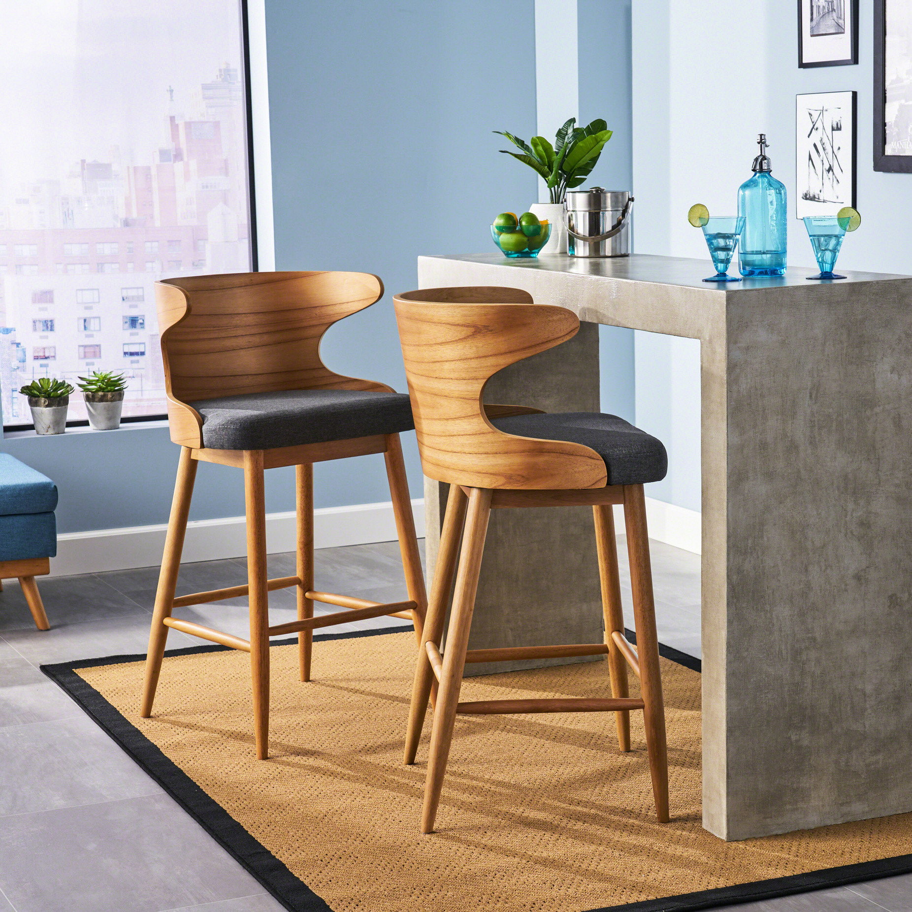 Transforming Stools Bar Stools / Mid-Century Modern Design, Upholstered in Charcoal and ...