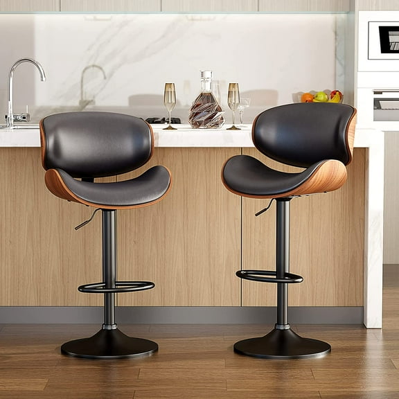 Bar Stools Modern Adjustable Swivel Barstools, Armless Kitchen Counter PU Leather Upholstered Bar Stool Island Barstool with Back Set of 2(Black)
