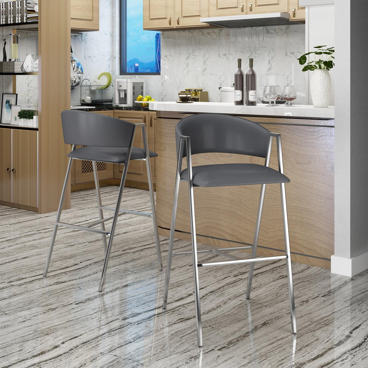 Bar Stools, Modern Barstools Set of 2, PU Leather Upholstered Seat and Backrest with Chrome A-Frame, Counter Height Stools for Dining Room, Kitchen, or Home Bar in Grey
